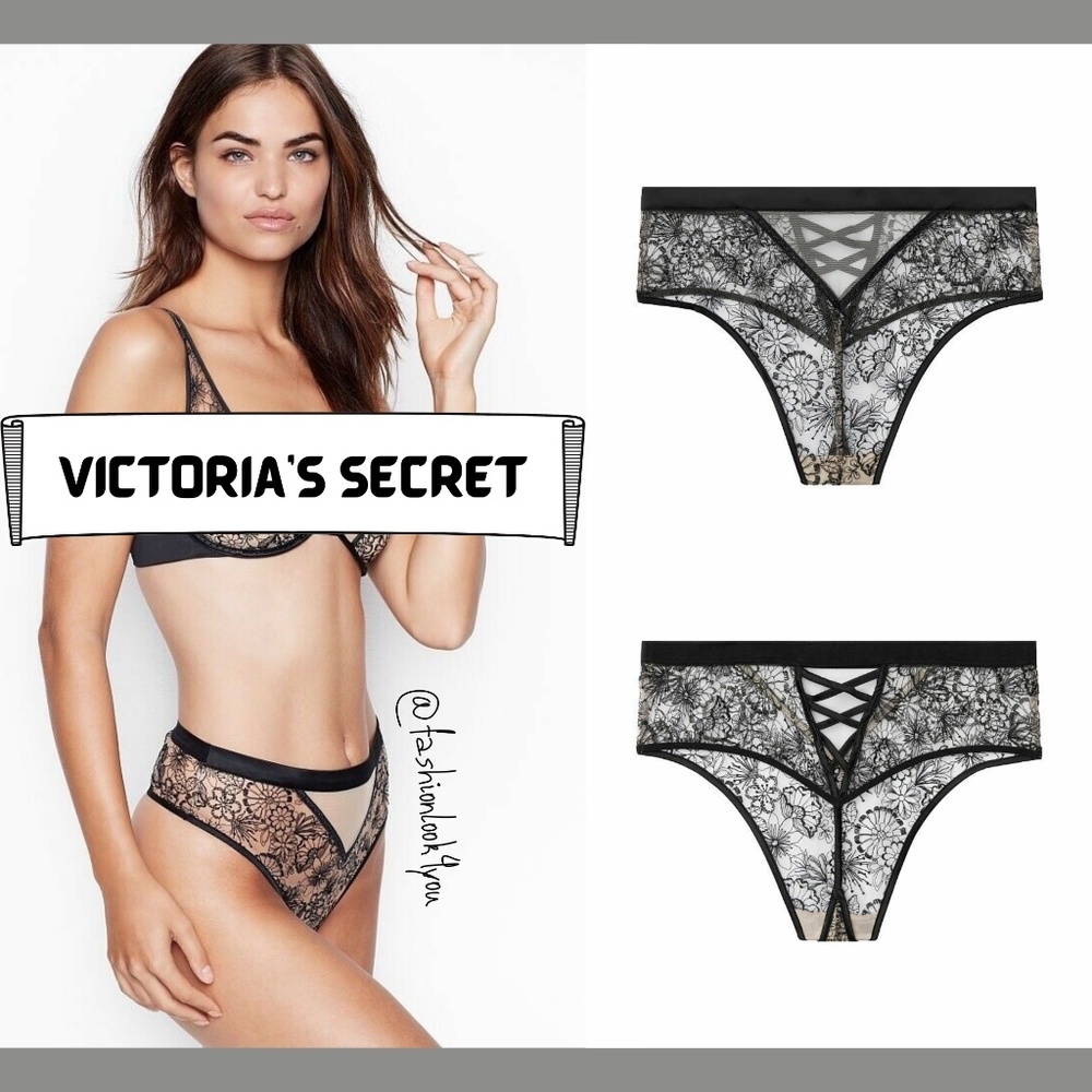 NWT $50 Victoria's Secret Lux Crisscross Embroidered Thong‎ Panty [ SZ XS ]